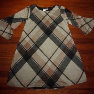 Sandra Darren Plaid Lined Dress Bell Sleeves